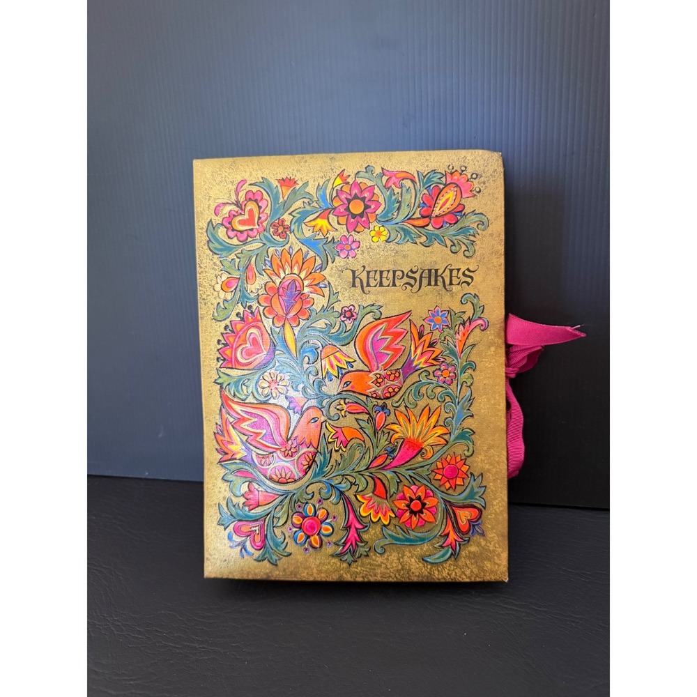Vtg 1973 Hallmark Keepsakes Box Accordion File Organizer Gold Mod Floral Birds